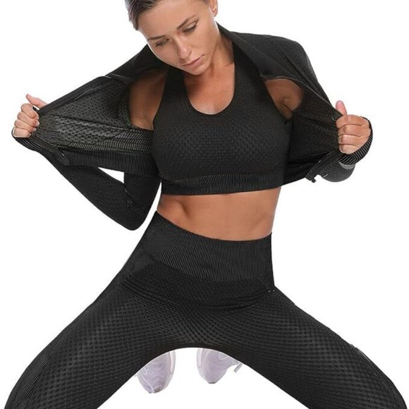 Women 3 PC Yoga Set Zipper Top Sport Suit Bra Workout Clothes Gym Fitness - Picture 5 of 9